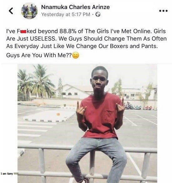 "I sleep with girls and dump them like my boxers, they are useless"- Teenage boy rants online.