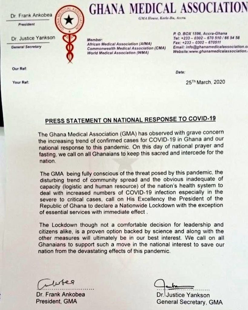 Ghana Medical Association calls on the President to lock down the country to prevent coronavirus spread.