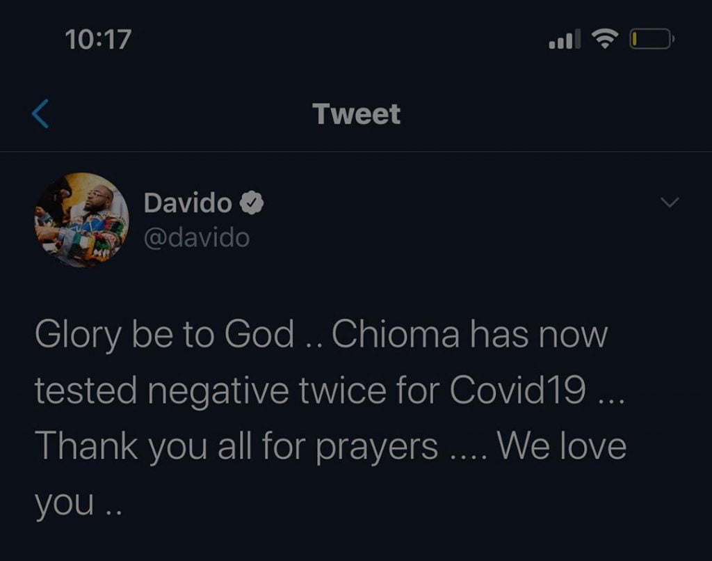 "Chioma Has Now Tested Negative Twice To COVID-19" - Davido Confirms (Screenshot)