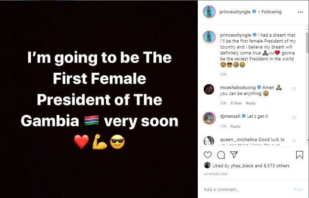 "I will be the first Female president of my country"- Princess Shyngle.
