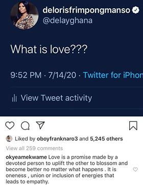 Okyeame Kwame schools Delay on what love is (screenshot)