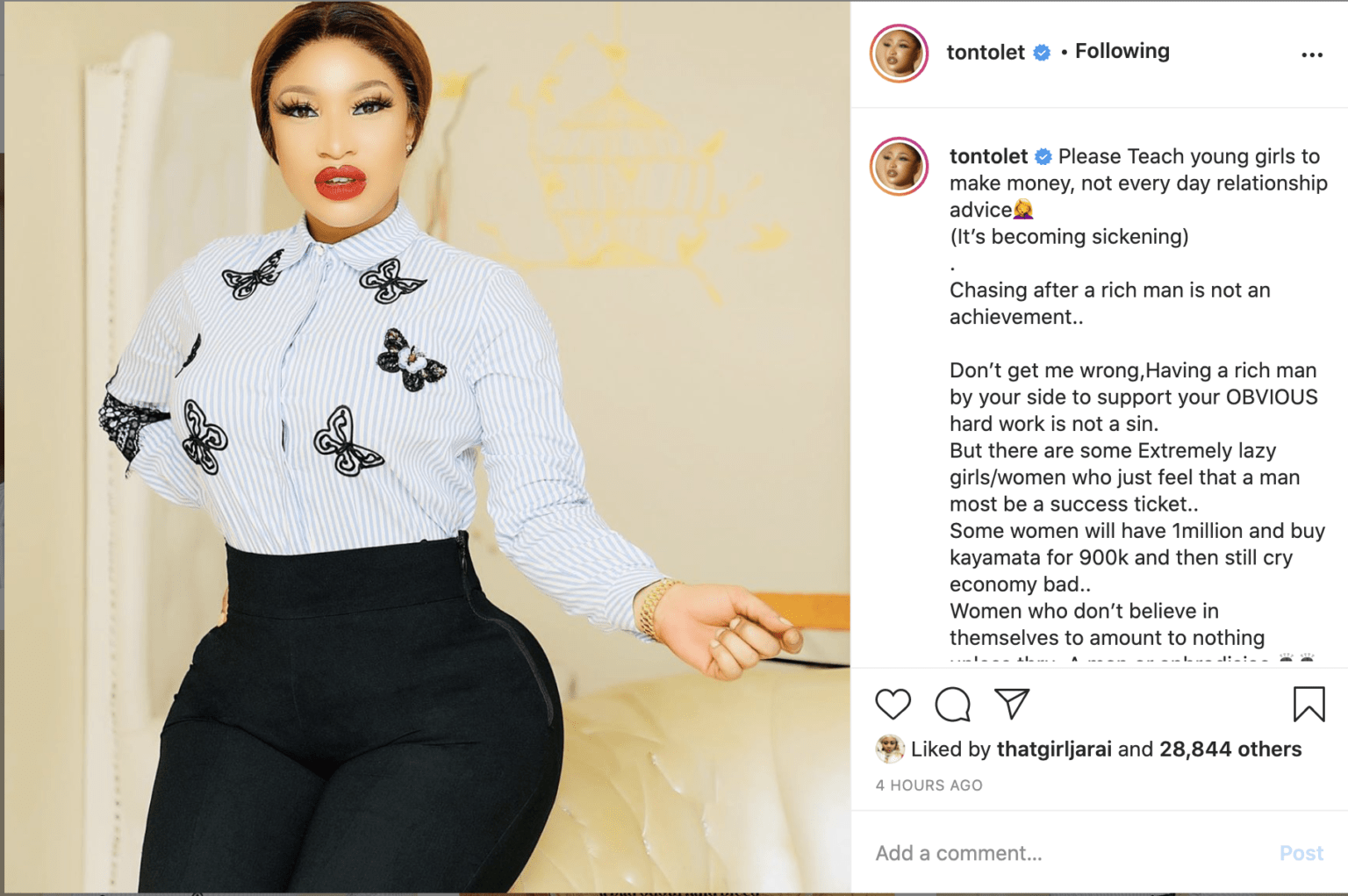 "Teach Young girls how to make money not how to attract Men"- Tonto Dikeh