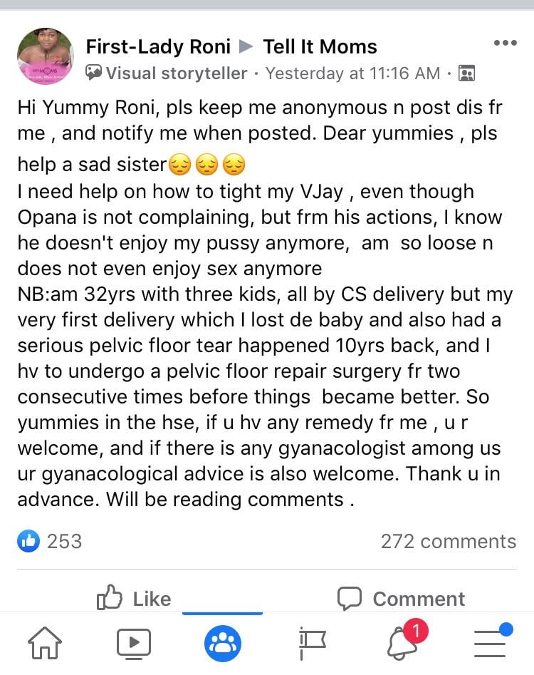 32 years old lady cries for help on social media because her Vjay is too big (screenshot)