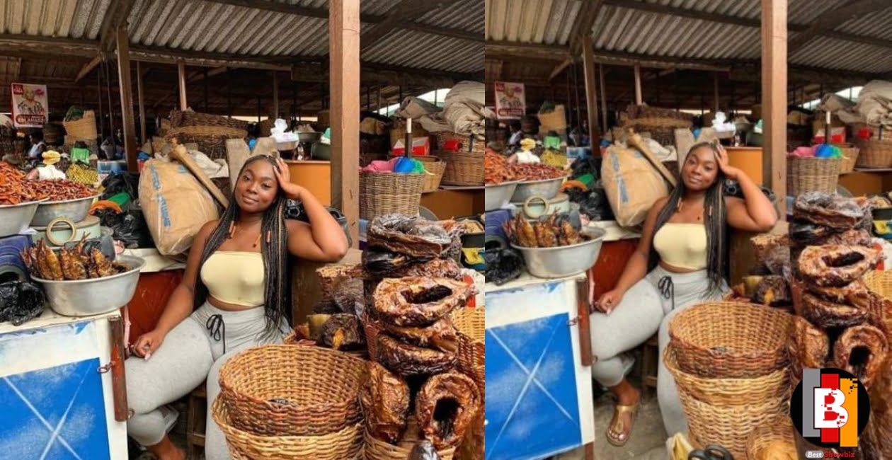 Pictures of beautiful slay queen selling fish for a living pops up