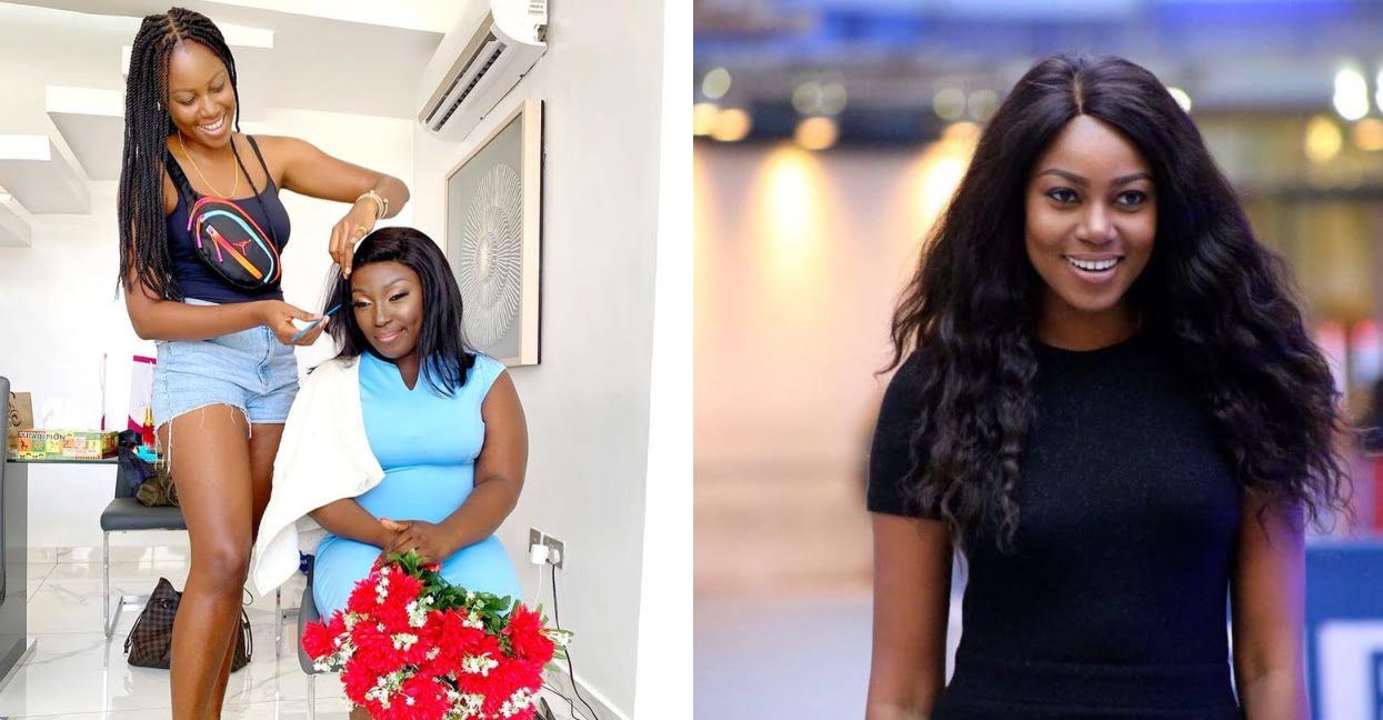 Yvonne Nelson shows her hairdressing skills as she works on Eno (photo)