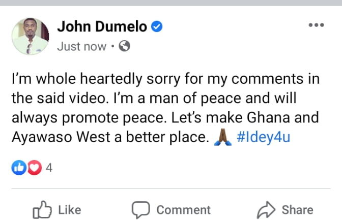 John Dumelo apologizes for His comments about beating NPP youth