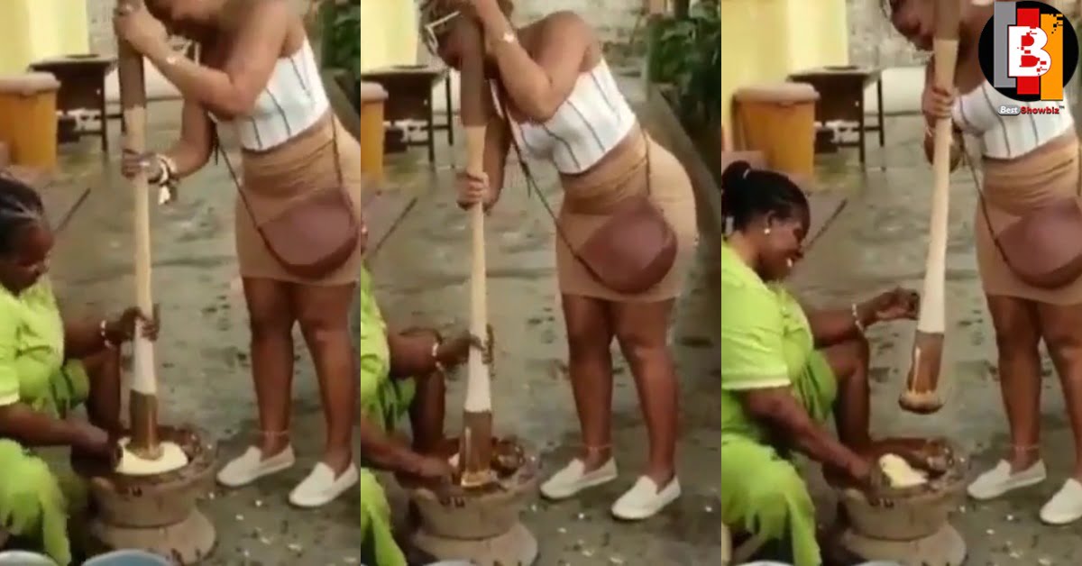 Slay queen disgraces herself for not being able to pound fufu (video)