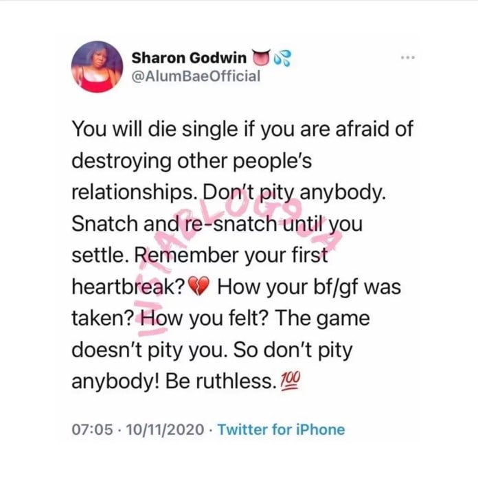 You will die single if you are afraid of destroying other people’s relationships – Lady