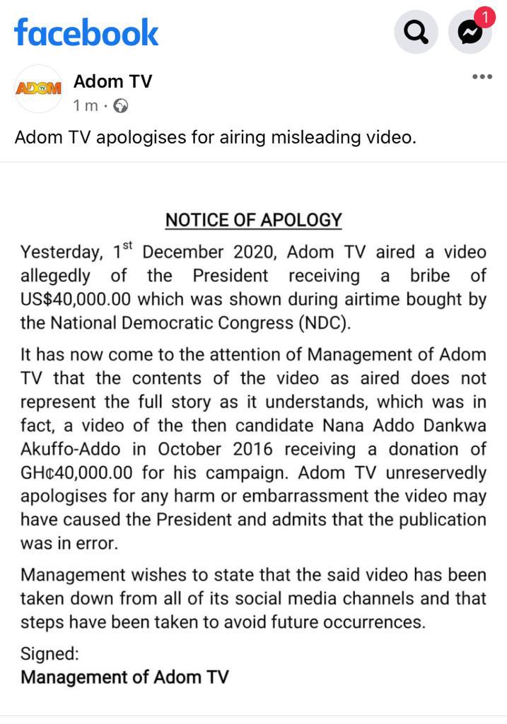 Adom TV Apologizes To Akufo Addo For entrapping him in a False Bribe Scandal