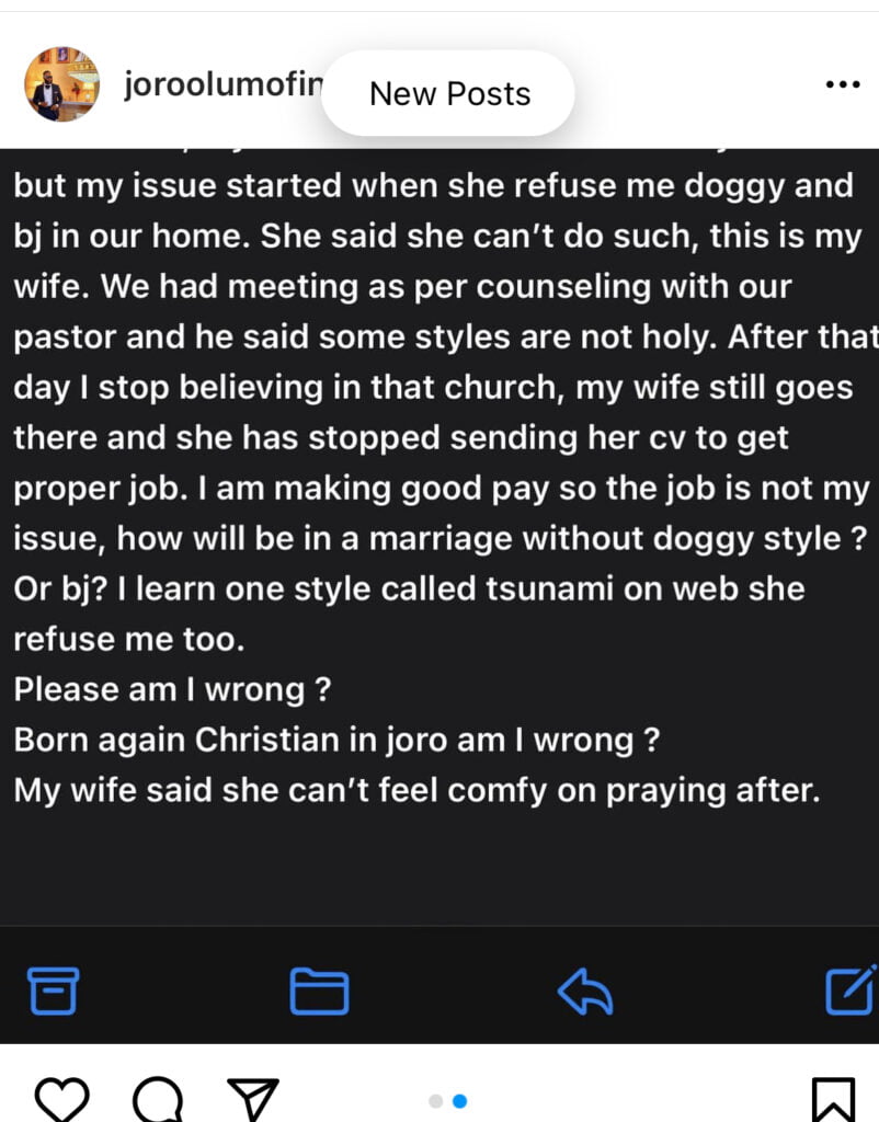 Since my wife became born again she has refused to give me d0ggy and Bj – Married man cries