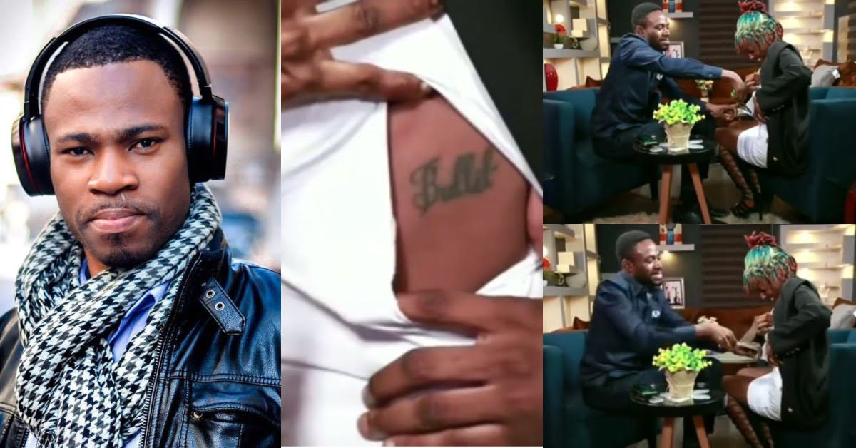 Kofi Adoma cuts through the dress of Kiki Marley to show her secret tattoo on live TV (video)