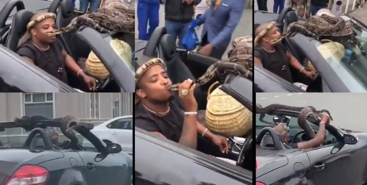 Sakawa Boy displays his money vomiting snake on top of his Benz as he cruises in town (videos)