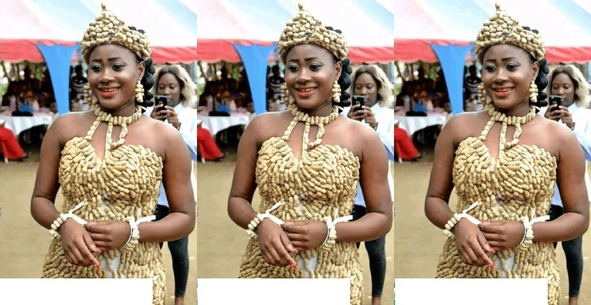 Fashion or Madness? Lady wears groundnut dress on her traditional wedding day (photo)