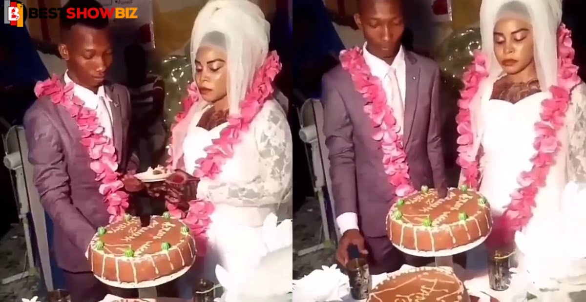 "Who forced her to get married"- Netizens reacts to angry bride feeding her groom cake (video)