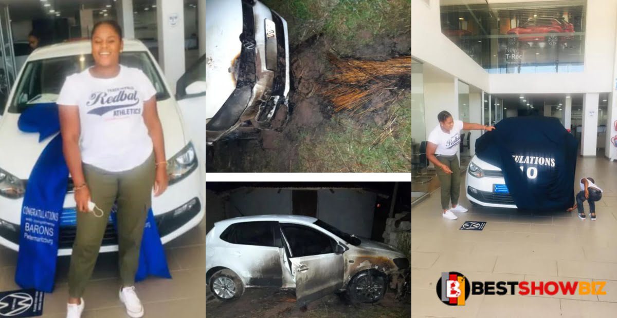 Lady in tears after a Jealous friend set her brand new car on fire a few days after bragging about it.(photos)