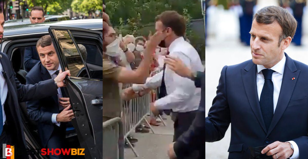 French President, Emmanuel Macron receives a heavy slap from civilian in a new video