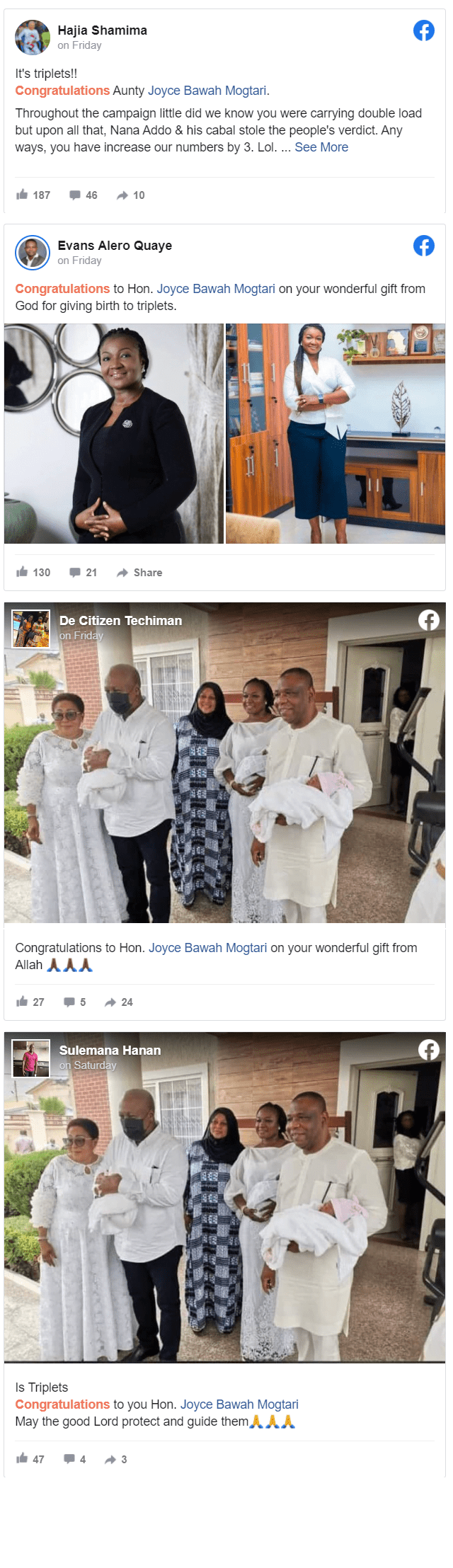 Special aide to ex-president Mahama gives birth to triplets
