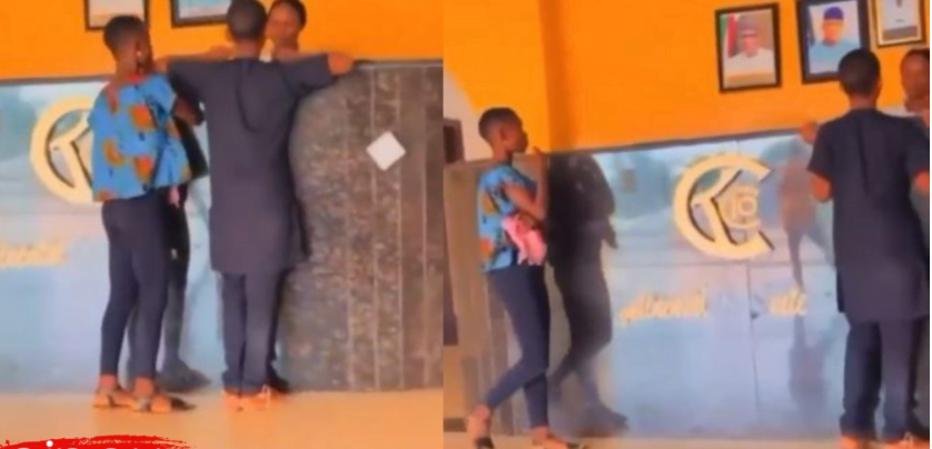 Small boy and his girlfriend spotted in trending video booking a hotel room (video)