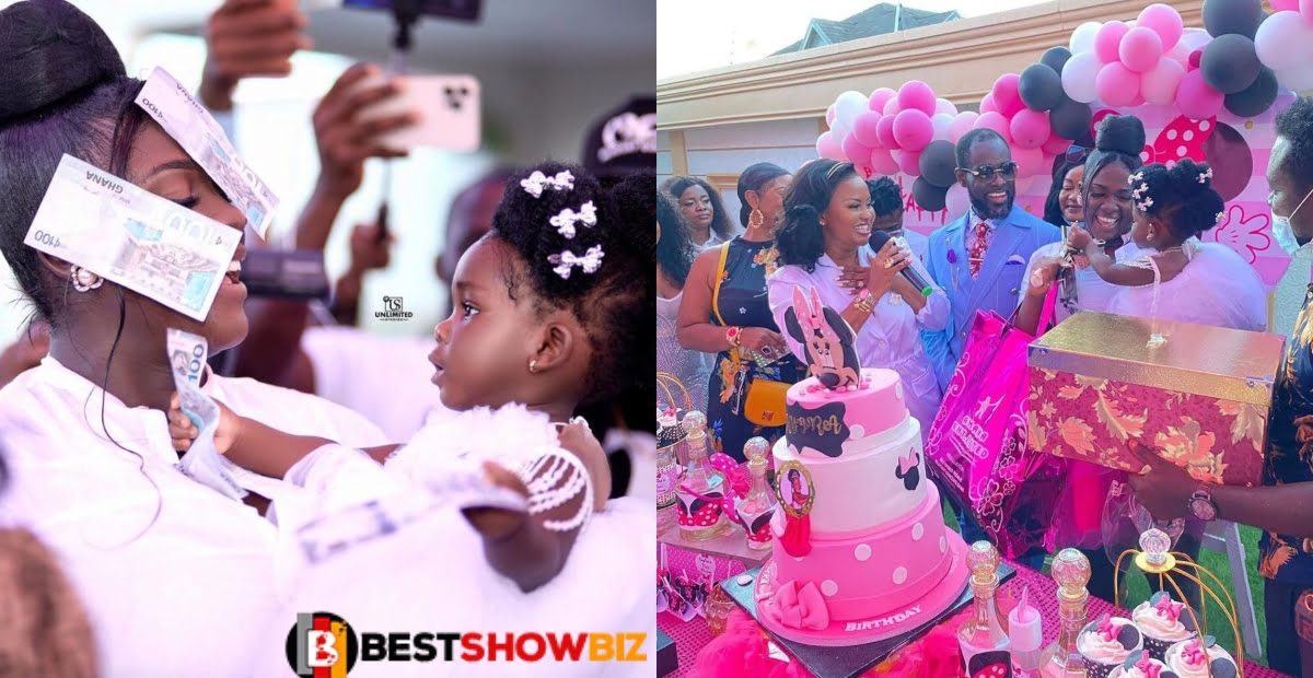 Video; Tracey Boakye proves she is rich as she sprays bundles of cush on her daughter at her birthday party
