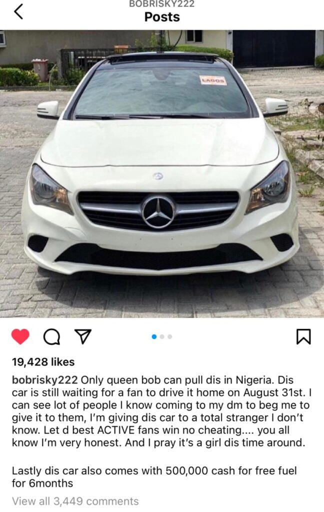 Bobrisky to giveaway his brand new Benz car to a lucky fan.