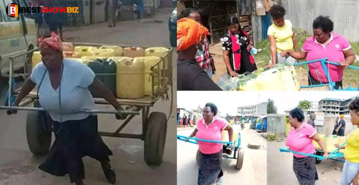 a widow who pushes wheel truck full of gallons of water every day as her job finally gets help