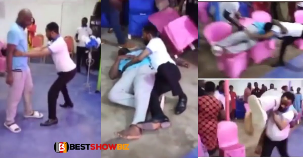 By force deliverance: Pastor throws a thick tall man on the floor all in the name of preyers - Video