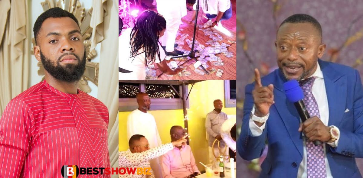 See how Rev Obofour filled the floor with money at the birthday celebration of Owusu Bempah (video)