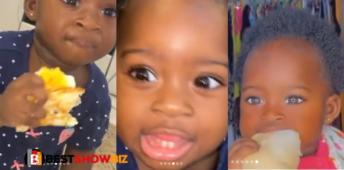 New Videos of Fella and Medikal's 1-year-old daughter chewing bread with her 2 teeth pops up