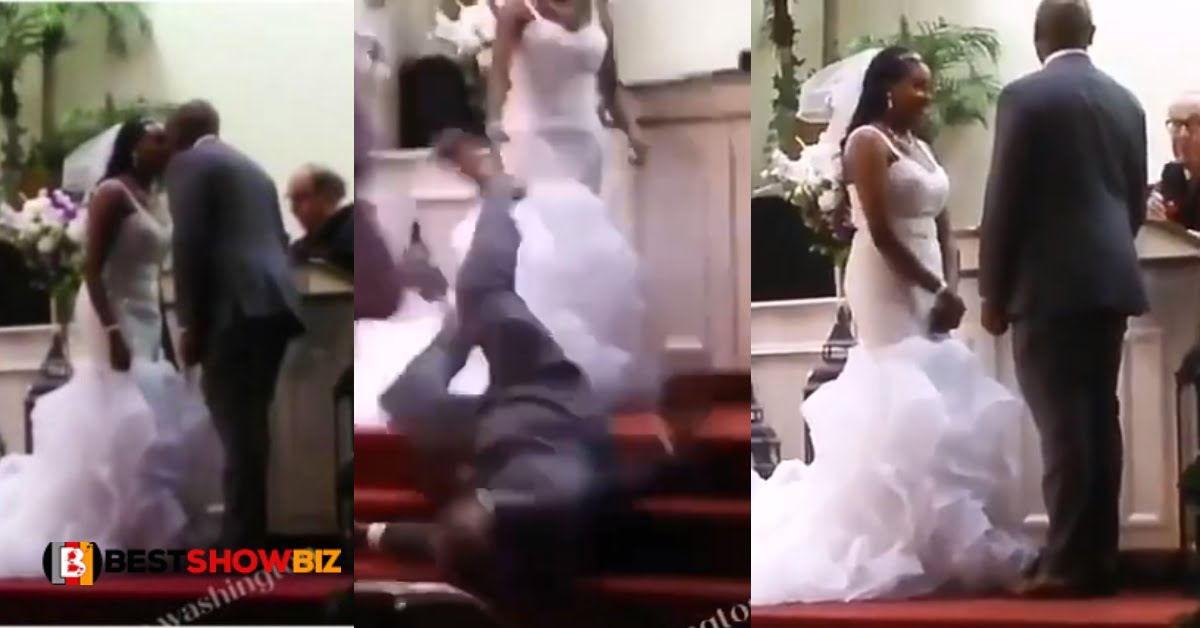 Watch video as Groom falls and speaks in tongues by the Holy Spirit after kissing bride on wedding day