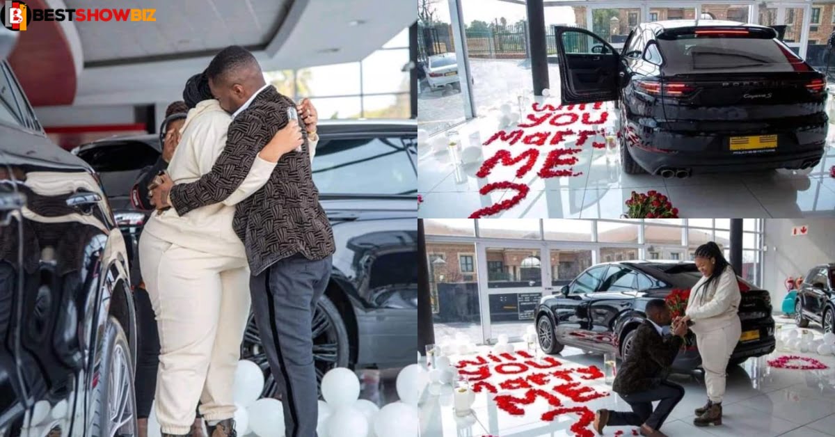 Man gives brand new Porche car to his girlfriend as he proposes marriage to her (photos)