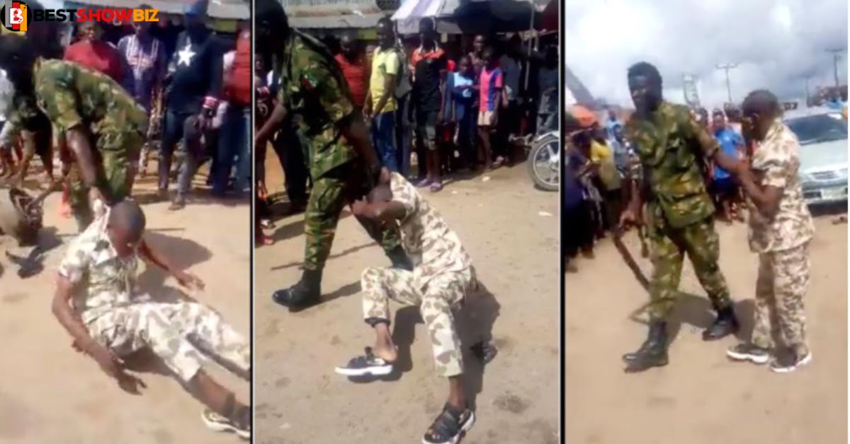 Military man beats up young man for wearing army camouflage clothes as fashion (video)