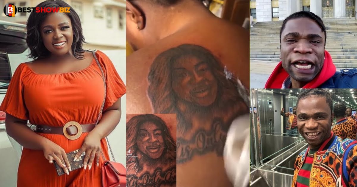 "You are stÙp!d for tattooing Tracey Boakye on your back"- Netizens blast young man