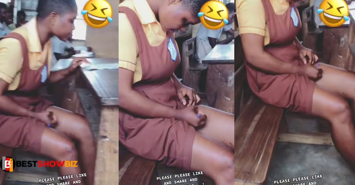 See the moment a JHS girl was caught on camera writing 'Apor' on her thigh (video)