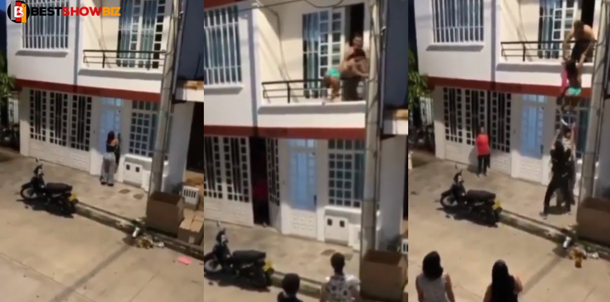 Cheating husband throws his diminutive girlfriend out of the window when his wife arrived (video)