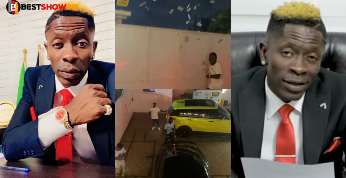 Shatta Wale shows he is rich as he Sprays Cash On Okada Riders who stormed his house -Video