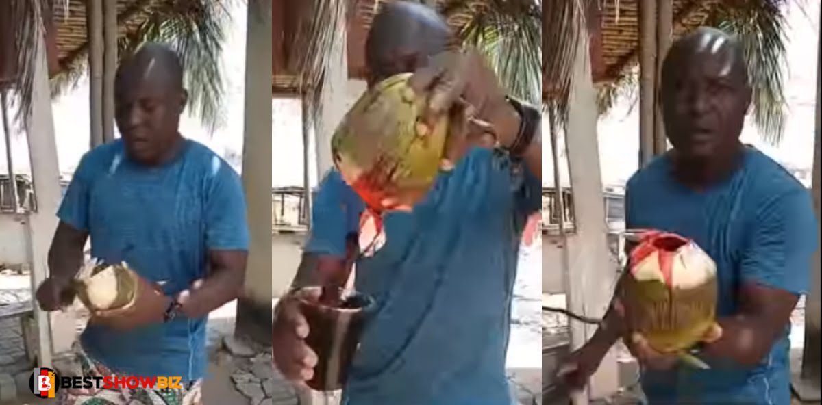 Shⓞcking Video: Man Finds Pure Blⓞod In Coconut After Cutting It