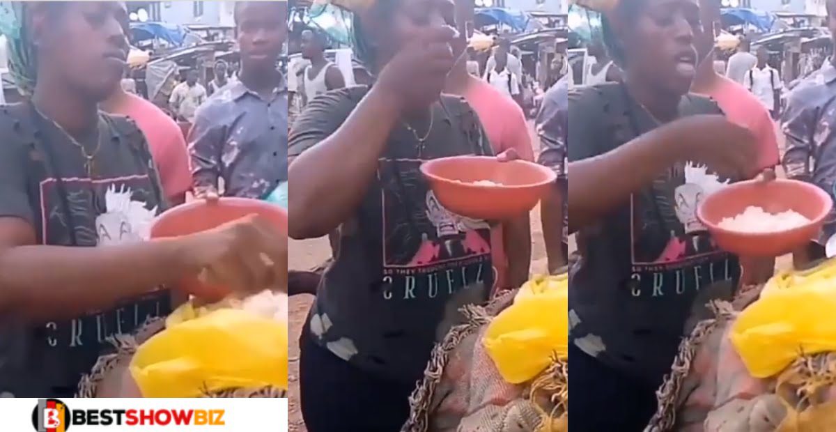 Video: Rice seller caught dipping her hand in customer's food and tasting it before serving
