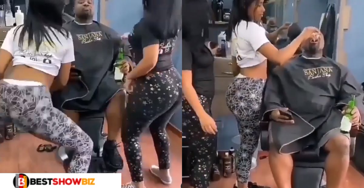 New video of ladies twḕrkїng to entertain customers at a barbering shop pops up