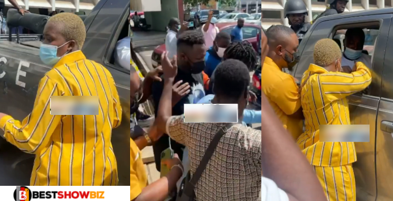 Fella Makafui was spotted in tears as Police take away Medikal to be remanded for 5 days. (video)