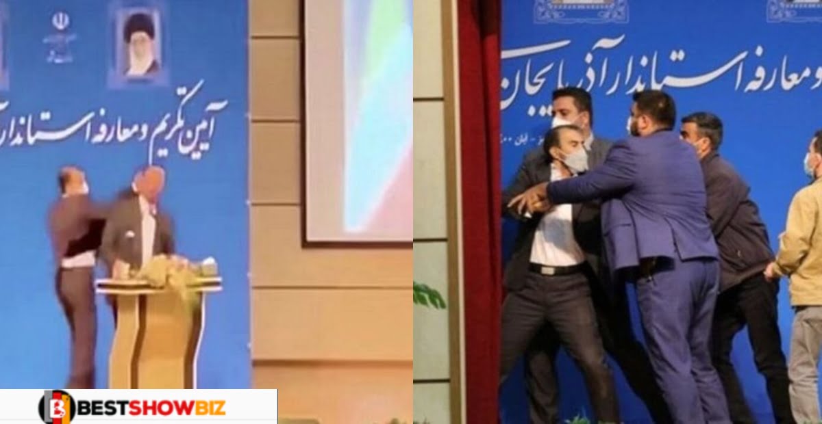 Watch the horrifying Moment the Iranian governor was slapped while delivering a speech on stage (Video)