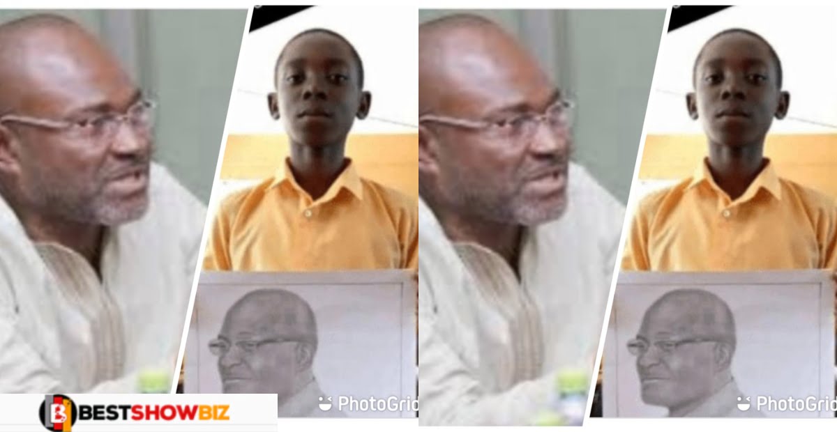 Kennedy Agyepong gives scholarship to a Primary School student who drew a pencil image of him.