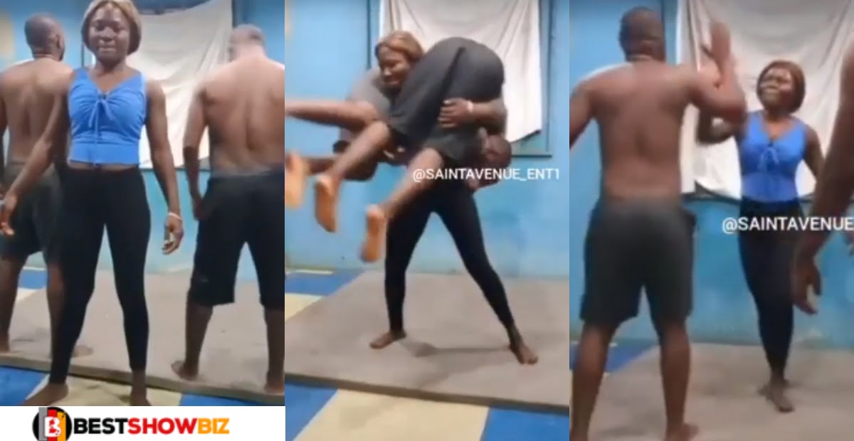 Unbelievable: Lady carry two ‘macho’ men on her shoulders (Video)