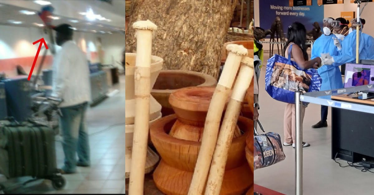 Photos of Ghanaian man traveling abroad with Fufu pestle to abroad at the Kotoka Airpot surfaces