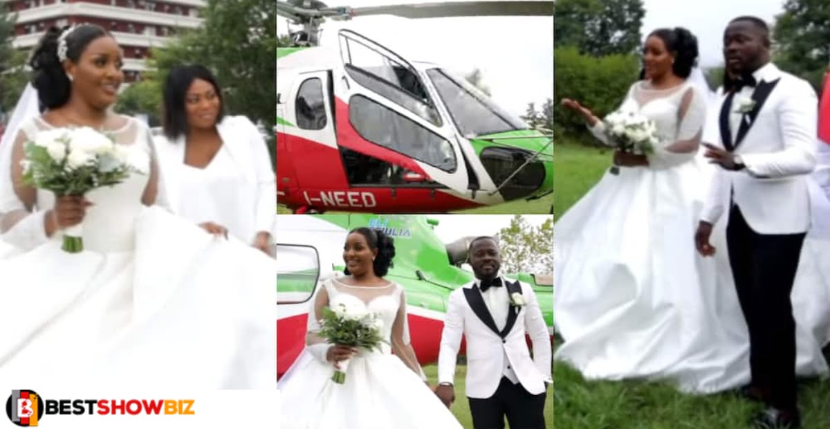 Record-Breaking Wedding: Ghanaian bride arrives at her wedding venue in a helicopter (video)