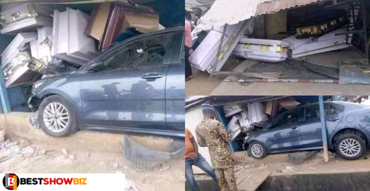 careless driver crashes into casket shop, angry shop owner demands he buys all the coffins (Photos)