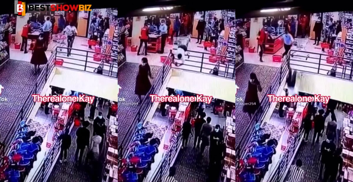Video: Shocking moment lady slips and falls from second floor of a shopping mall