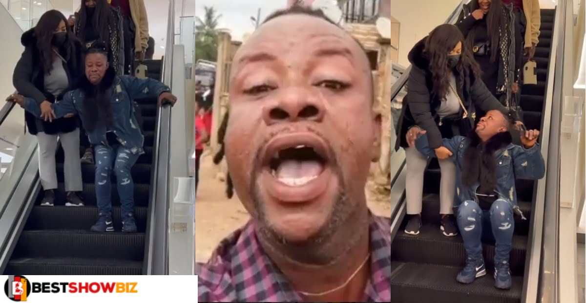Kumawood actor Nana Yeboah nearly falls from an escalator stairs after using one for the first time (video)