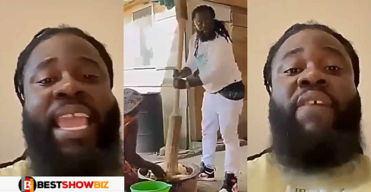 Sad: Ghanaian rapper goes totally broke, He now works at a chop bar pounding fufu Watch)