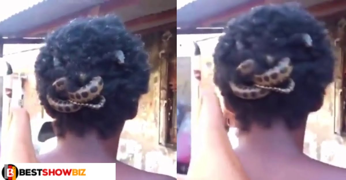 Watch video of a scary man who keeps a snake in his hair.