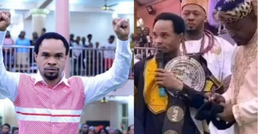 Only in Africa: Pastor showcases championship belt in church after beating satan in wrestling (video)
